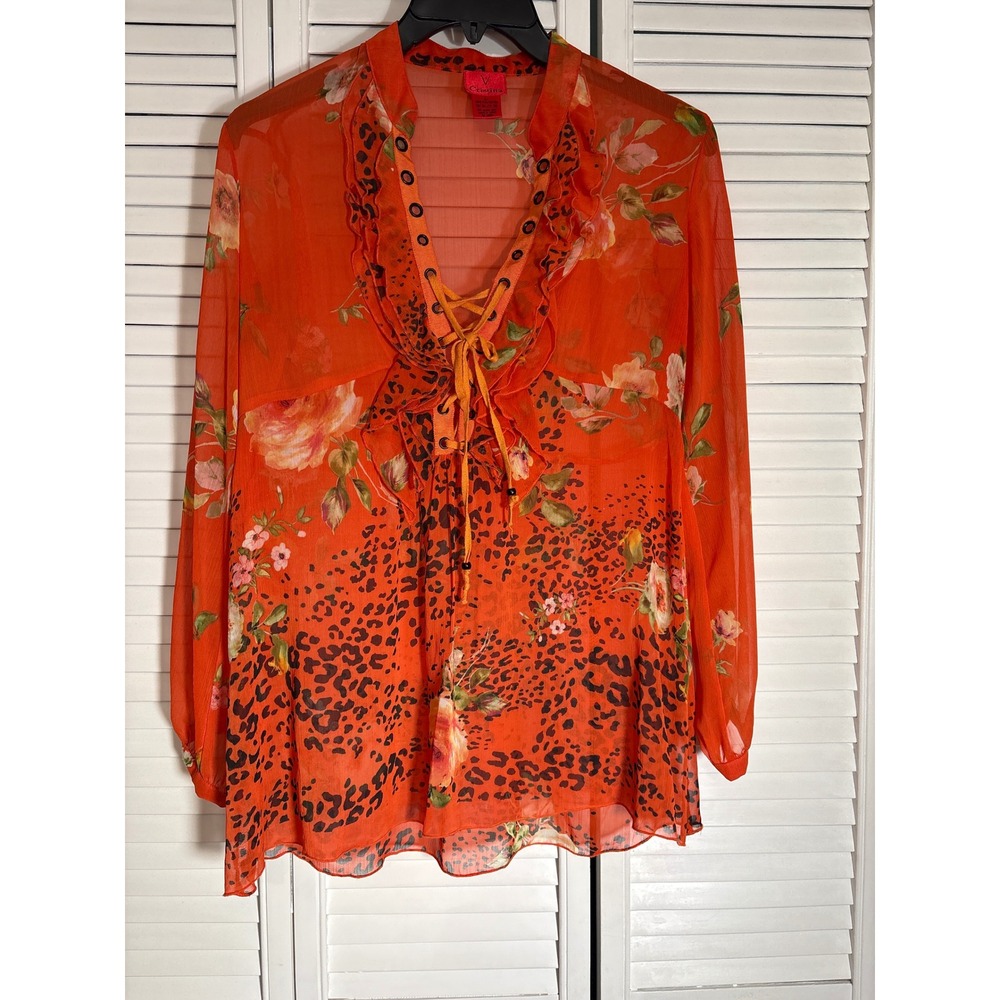 V Cristina Orange Floral Leopard Print Ruffle Lace Up Sheer Blouse Large